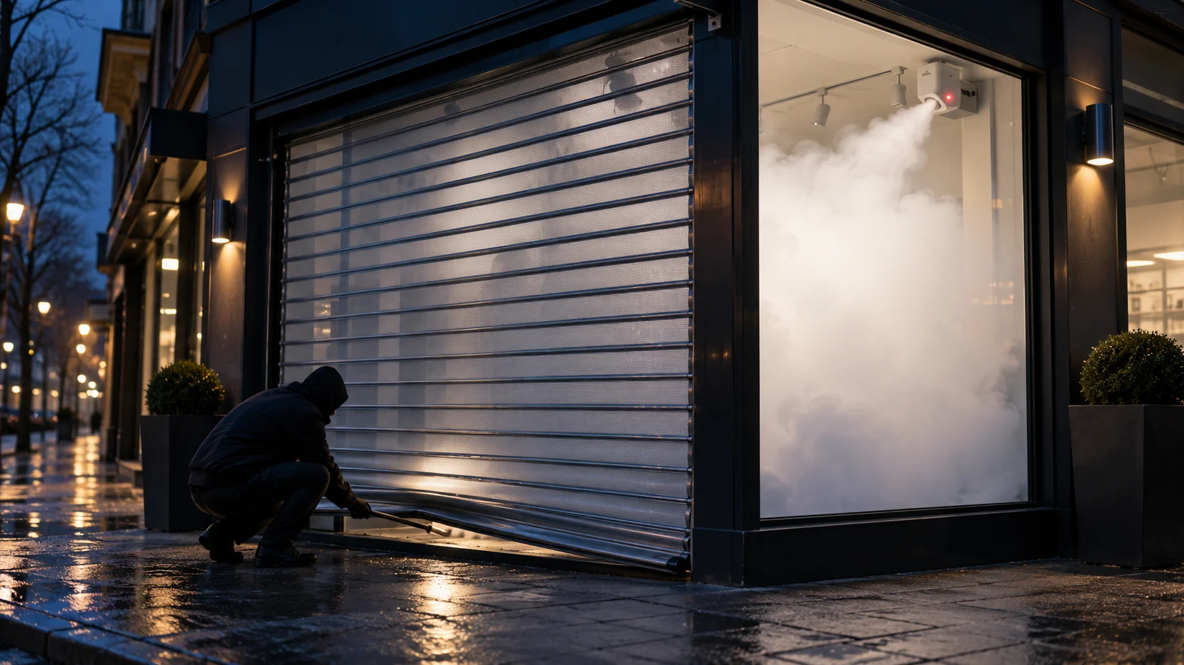 Illustration d’une tentative de casse : une personne force un rideau métallique tandis qu’un générateur diffuse un brouillard dense qui masque l’intérieur de la boutique.
