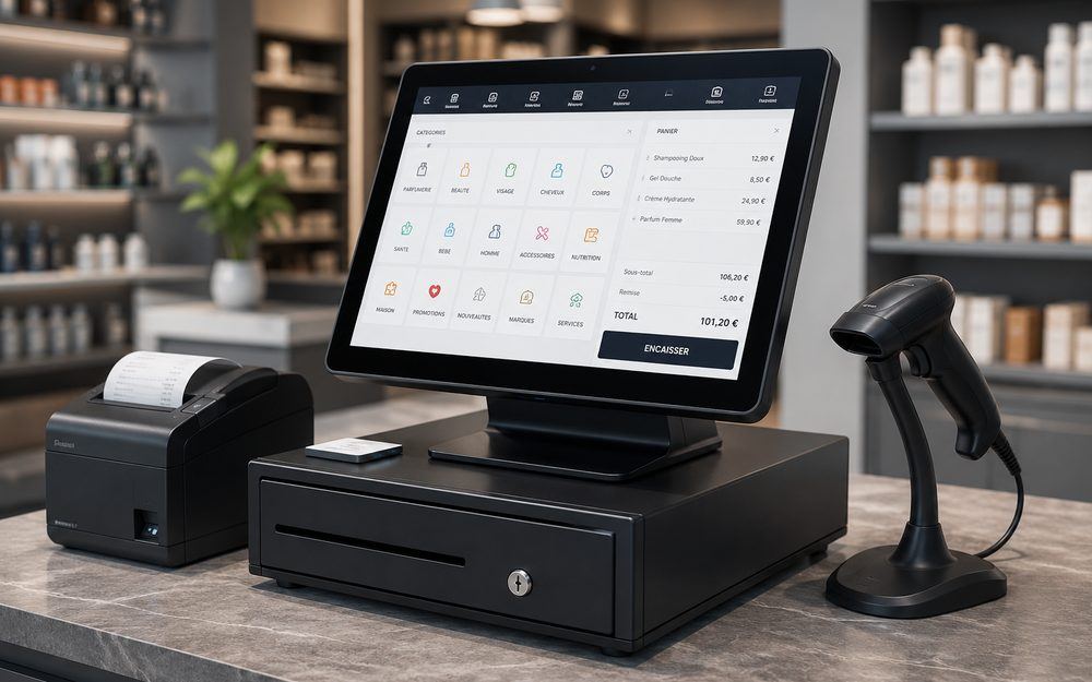 Touchscreen-Geldterminal auf einer Ladentheke