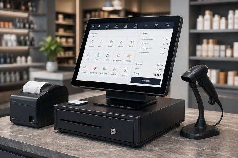 Touchscreen-Kassenstation mit Bondrucker und Barcodescanner