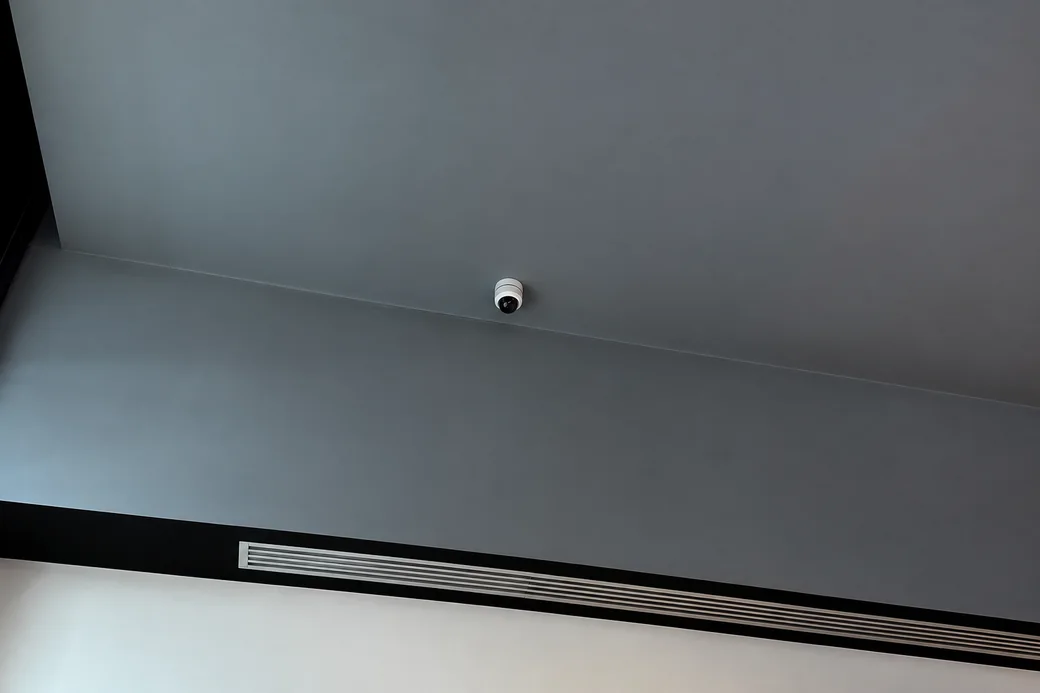 Caméra de vidéosurveillance blanche fixée au plafond d’un commerce.